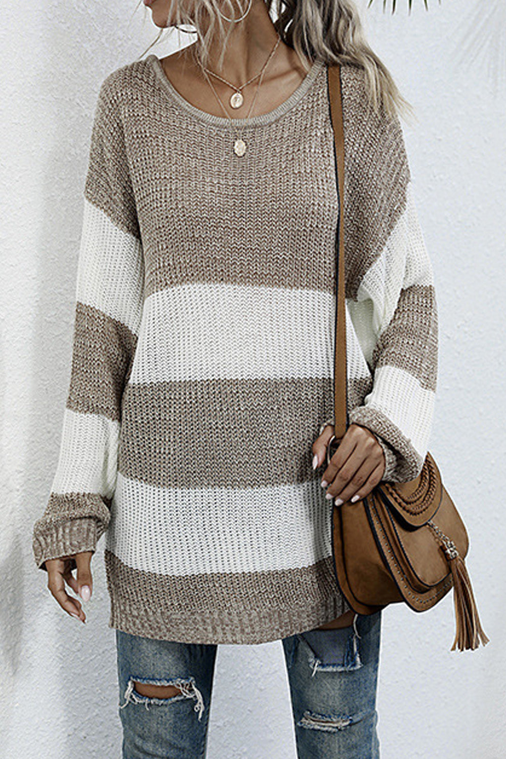 Women Casual Full Sleeve Thick Striped Color Matching Warm Sweater