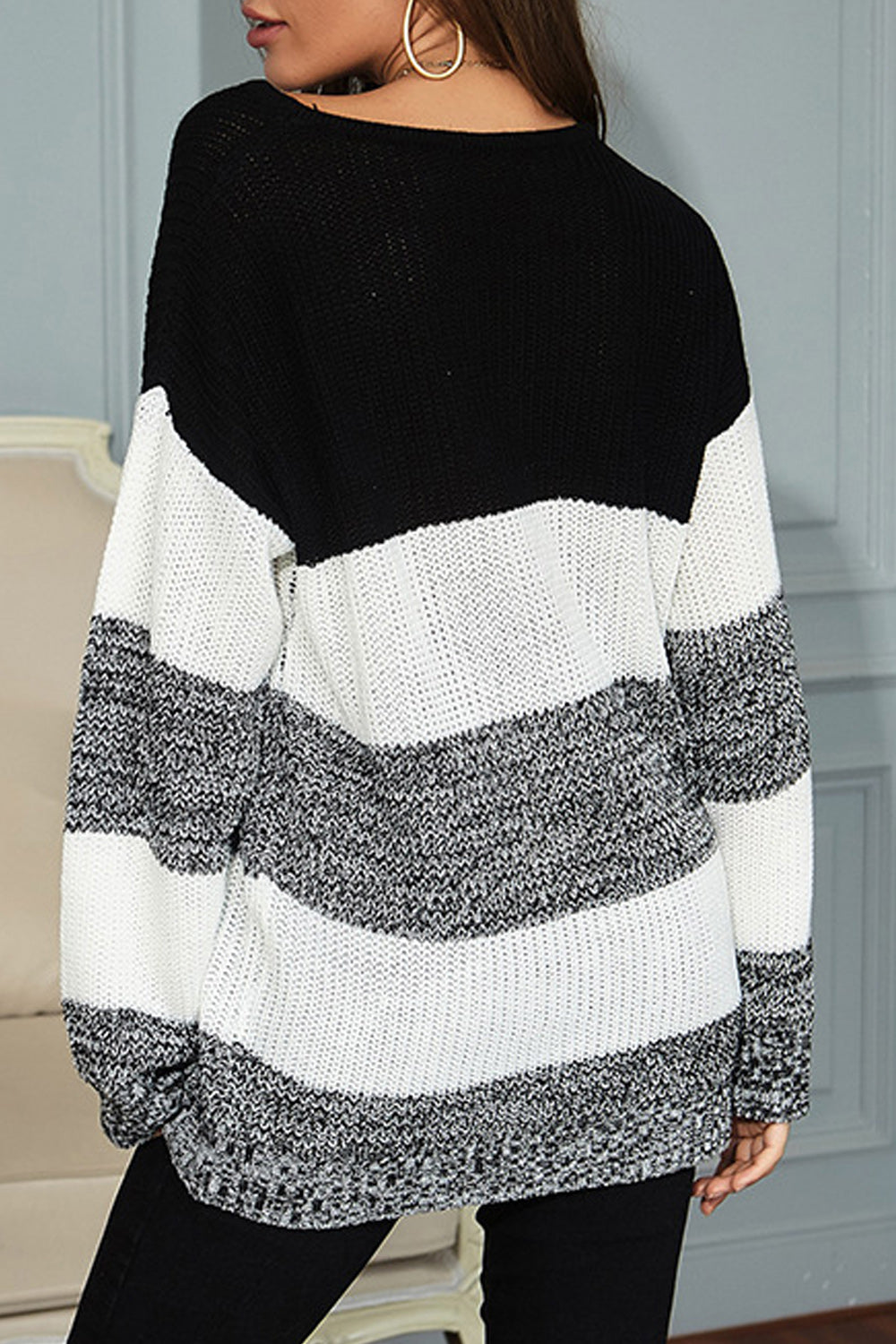 Women Casual Full Sleeve Thick Striped Color Matching Warm Sweater