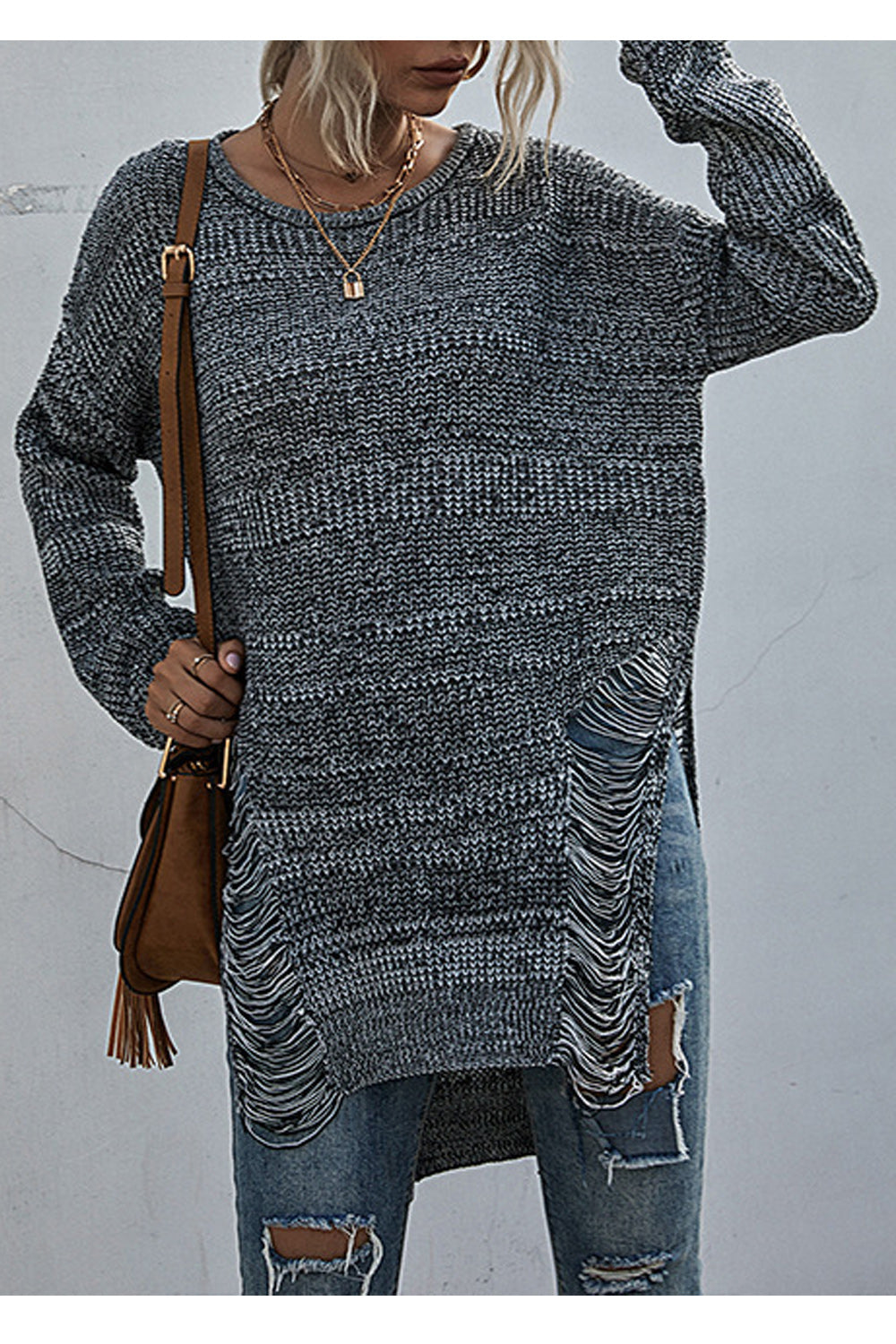 Women Hollow Crochet Round Neck Mid Length Warm Sweater