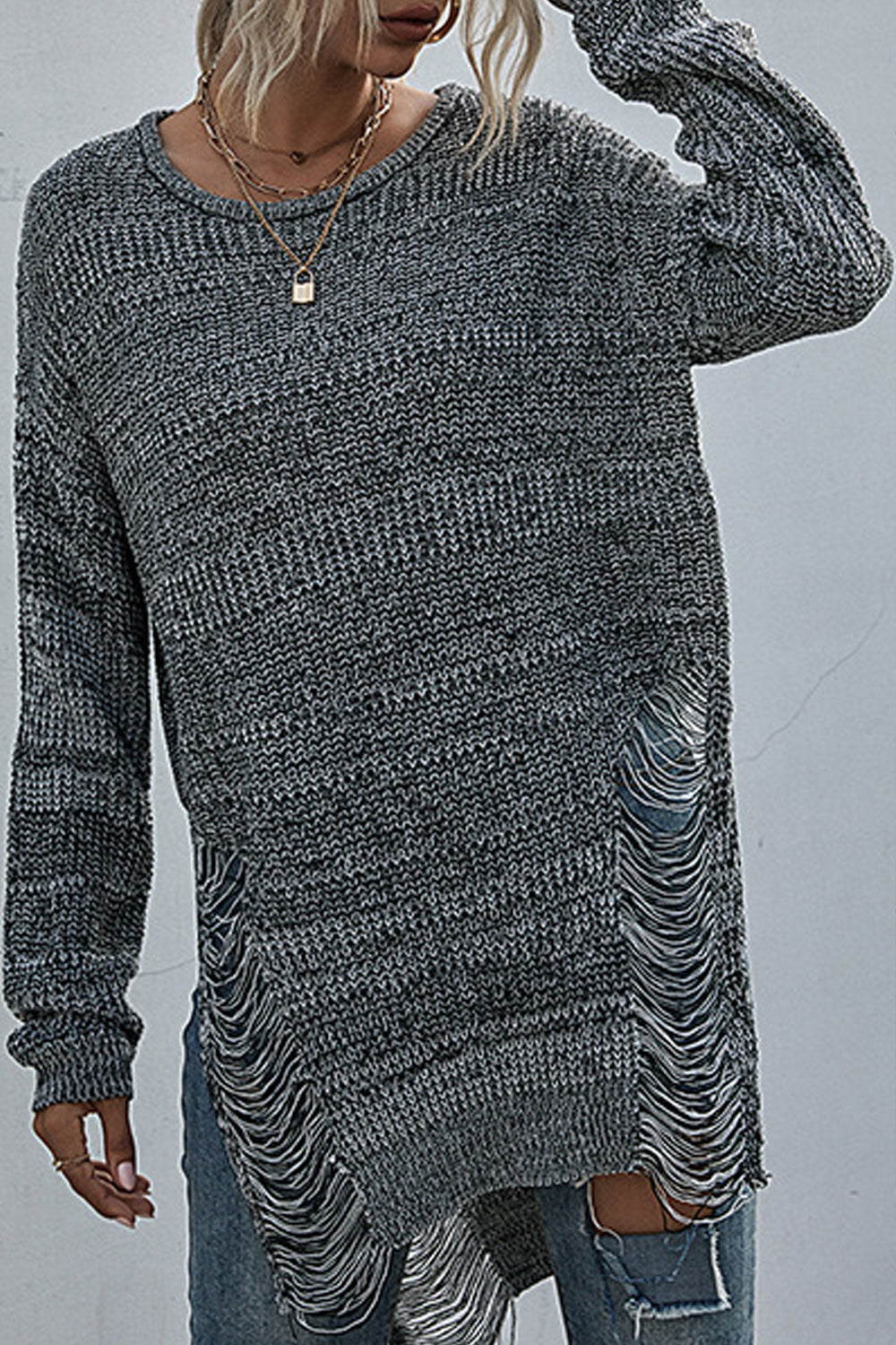 Women Hollow Crochet Round Neck Mid Length Warm Sweater