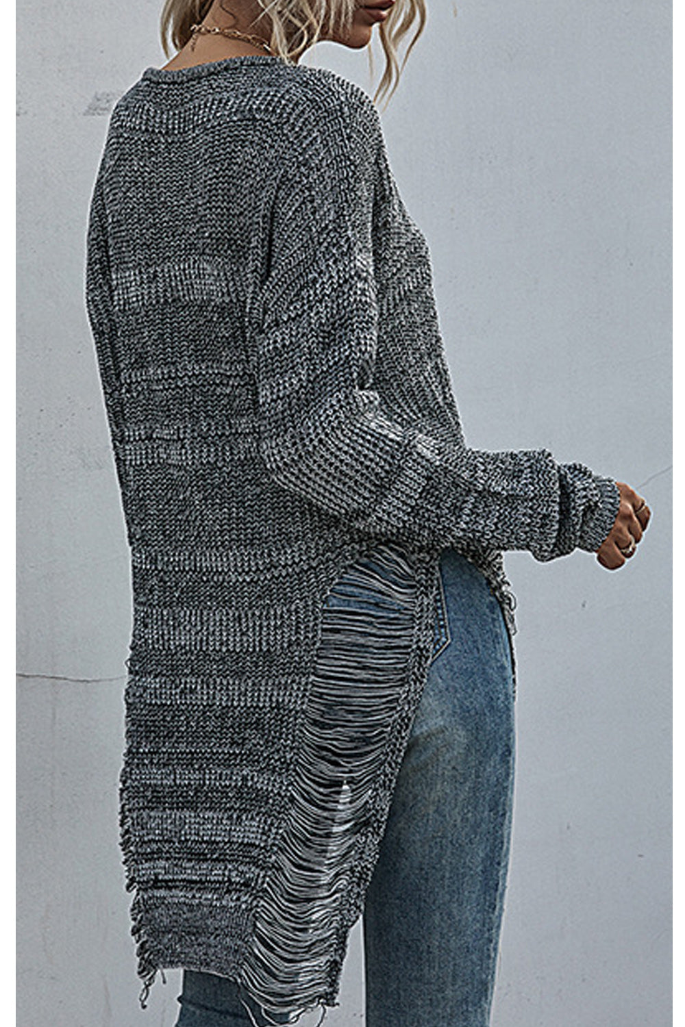 Women Hollow Crochet Round Neck Mid Length Warm Sweater