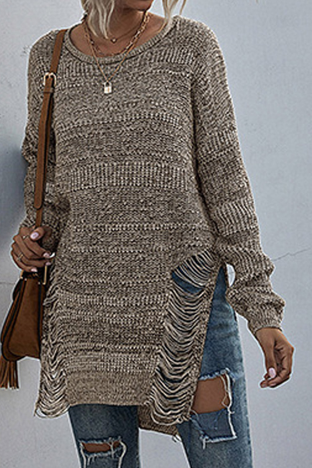 Women Hollow Crochet Round Neck Mid Length Warm Sweater