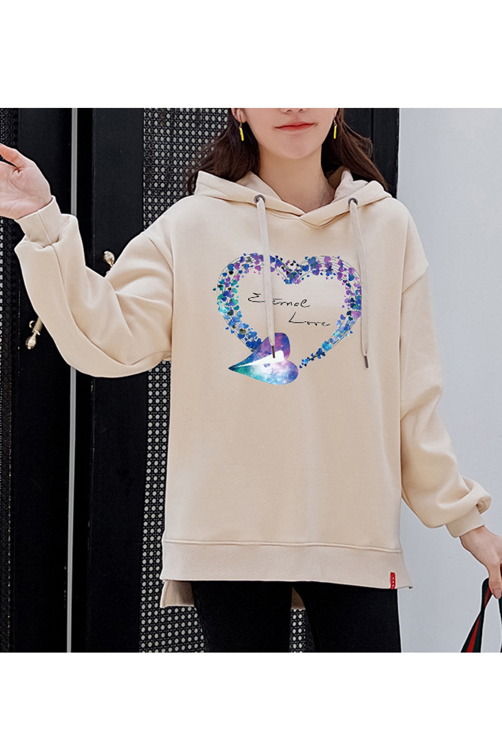 Women Heart Printed Solid Colored Thick Long Sleeve Hoodie