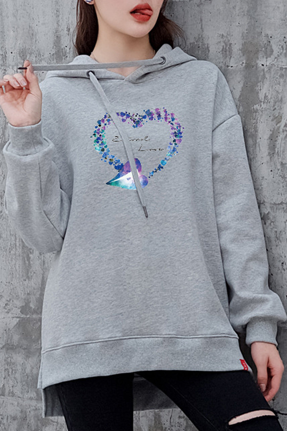 Women Heart Printed Solid Colored Thick Long Sleeve Hoodie