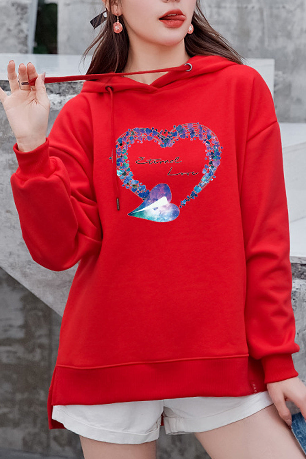 Women Heart Printed Solid Colored Thick Long Sleeve Hoodie
