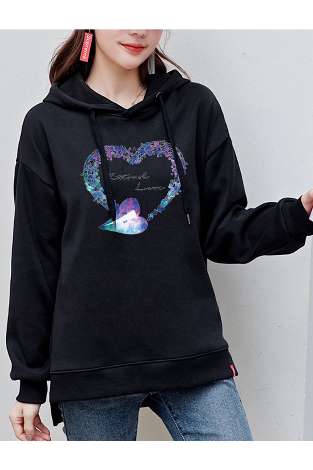 Women Heart Printed Solid Colored Thick Long Sleeve Hoodie