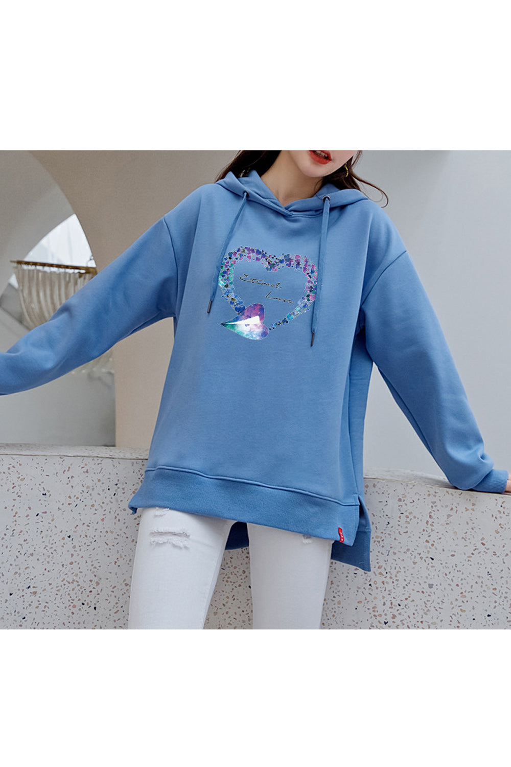 Women Heart Printed Solid Colored Thick Long Sleeve Hoodie