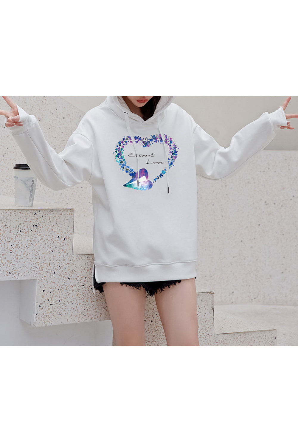 Women Heart Printed Solid Colored Thick Long Sleeve Hoodie
