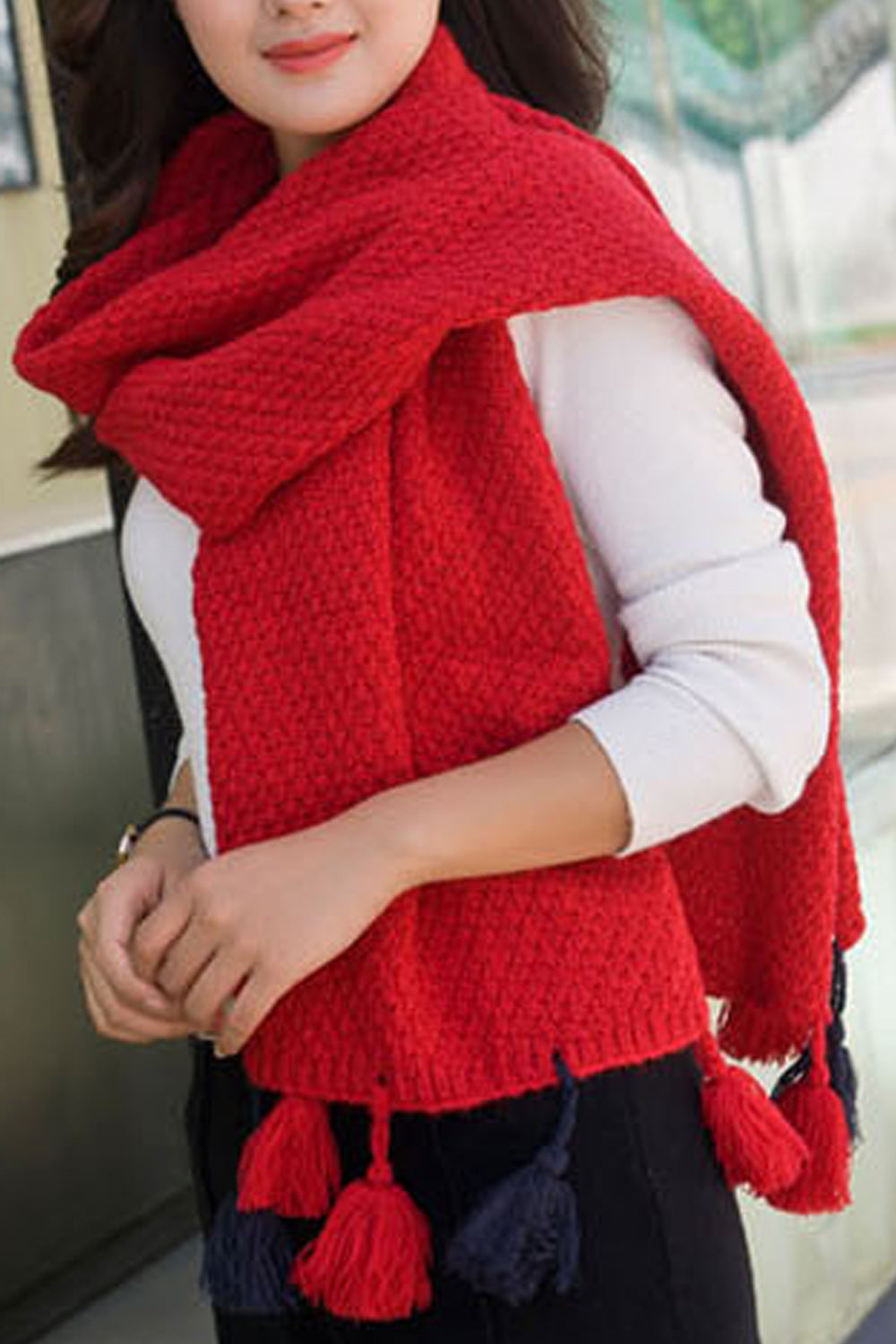 Women Tassel Ball Decorated Warm Winter Thick Muffler