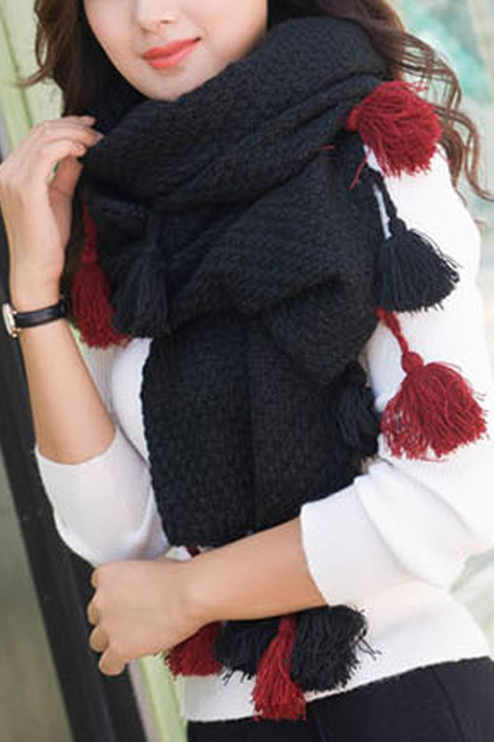 Women Tassel Ball Decorated Warm Winter Thick Muffler
