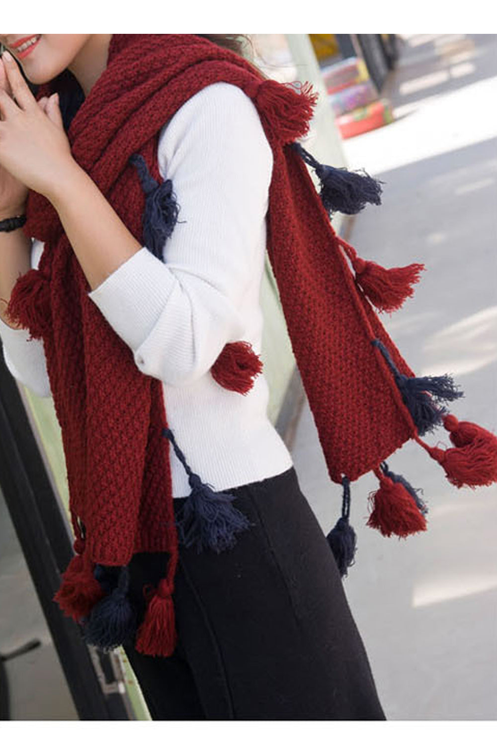 Women Tassel Ball Decorated Warm Winter Thick Muffler