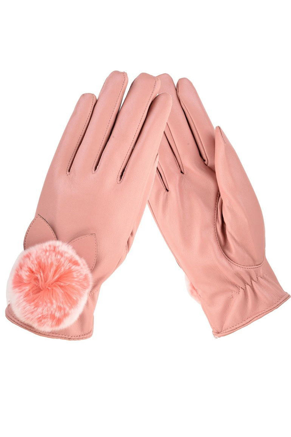Women Soft Hair Ball Decorated Solid Pattern Cozy PU Leather Gloves
