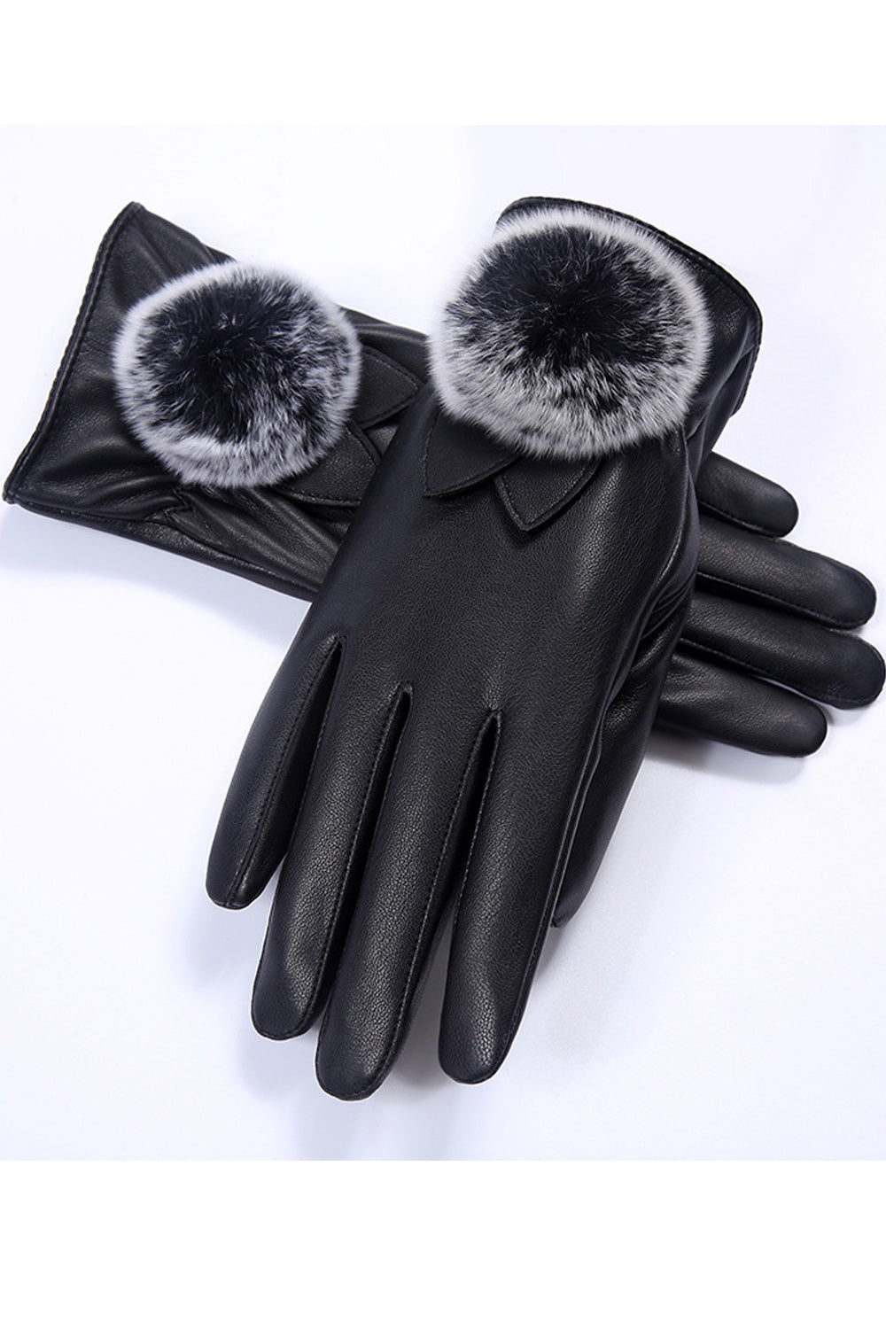 Women Soft Hair Ball Decorated Solid Pattern Cozy PU Leather Gloves