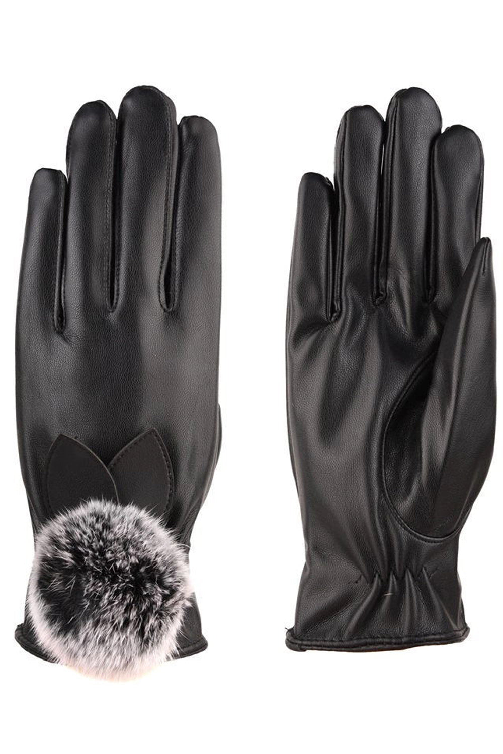 Women Soft Hair Ball Decorated Solid Pattern Cozy PU Leather Gloves