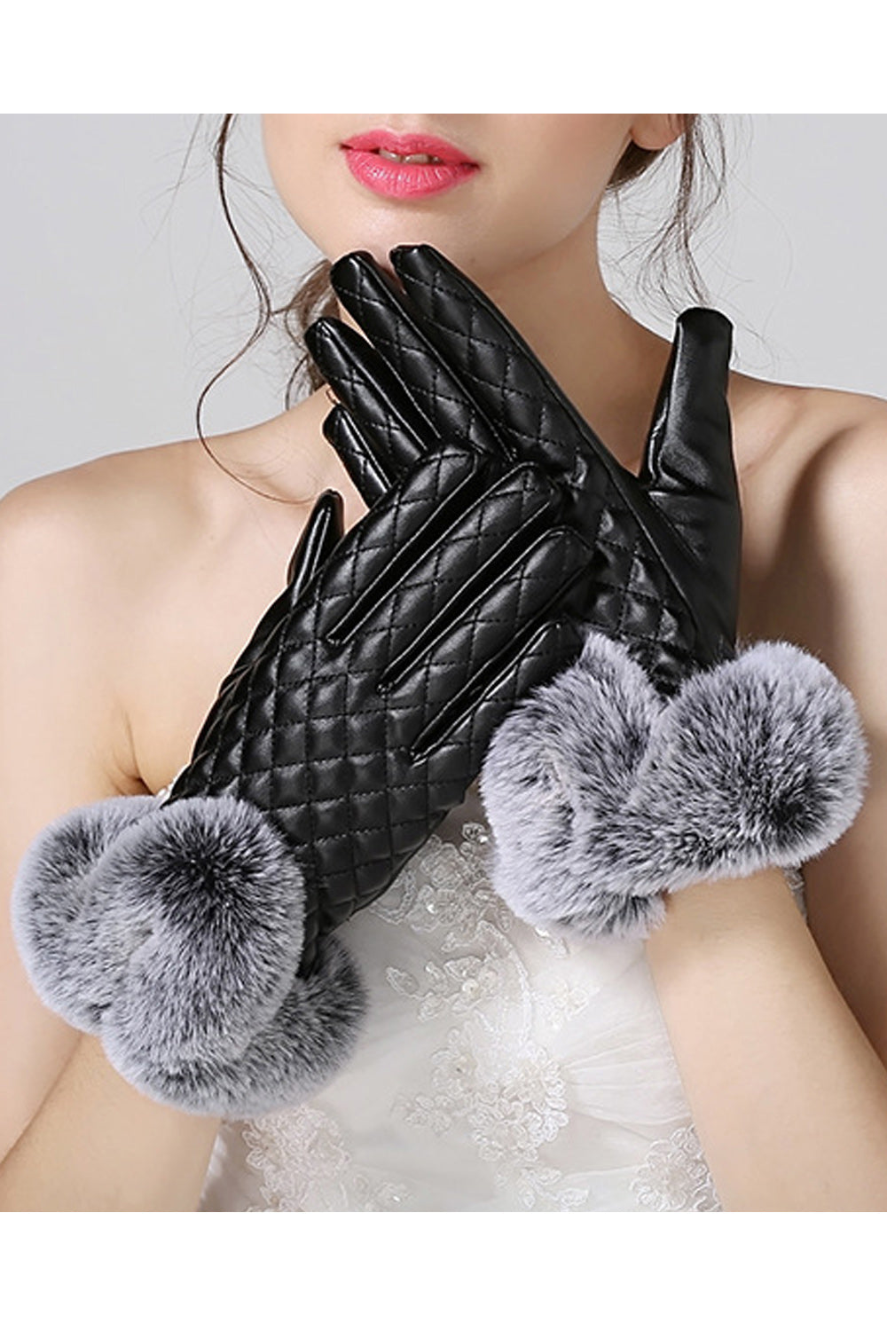 Women Cashmere Thick Winter Casual PU Leather Gloves