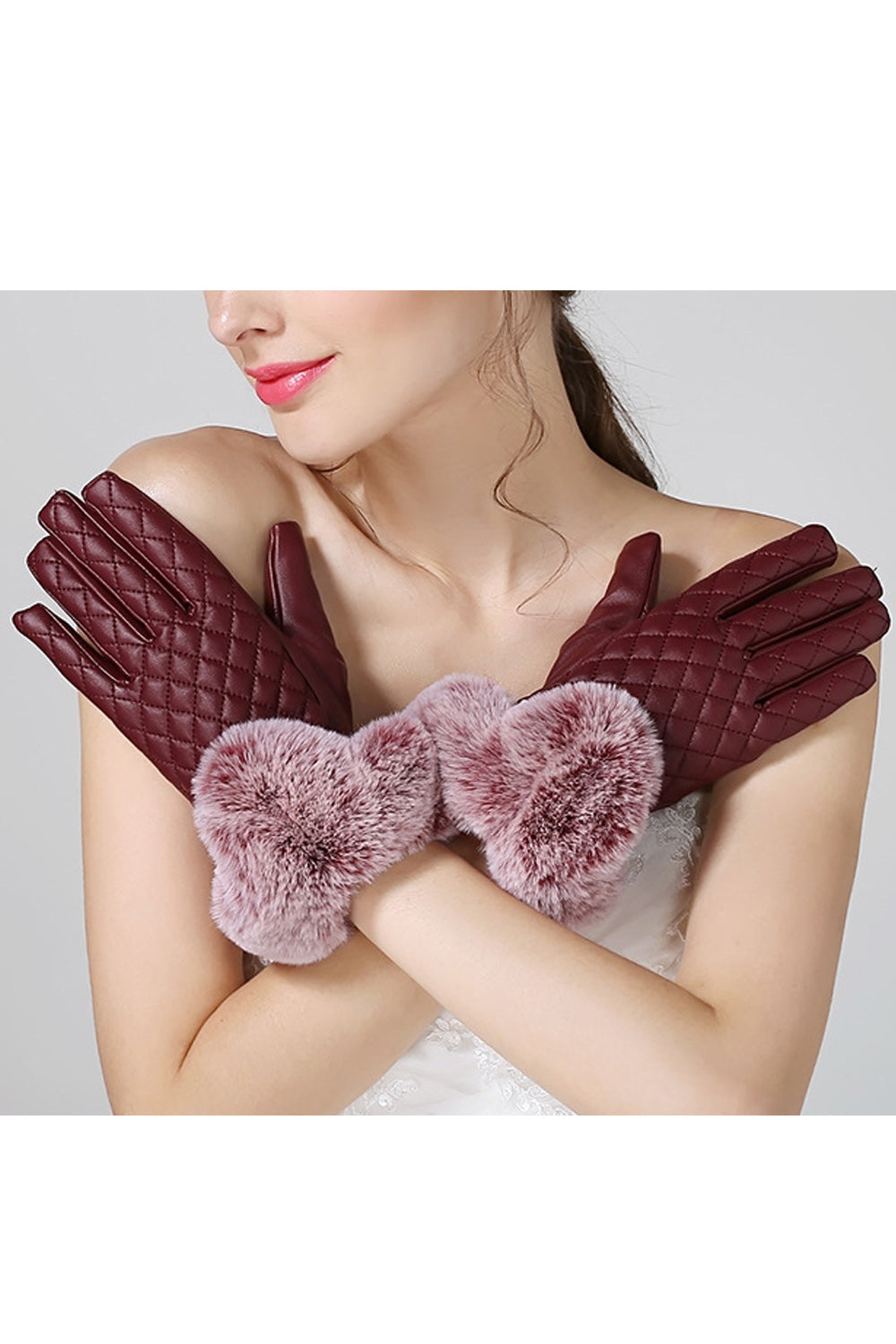 Women Cashmere Thick Winter Casual PU Leather Gloves