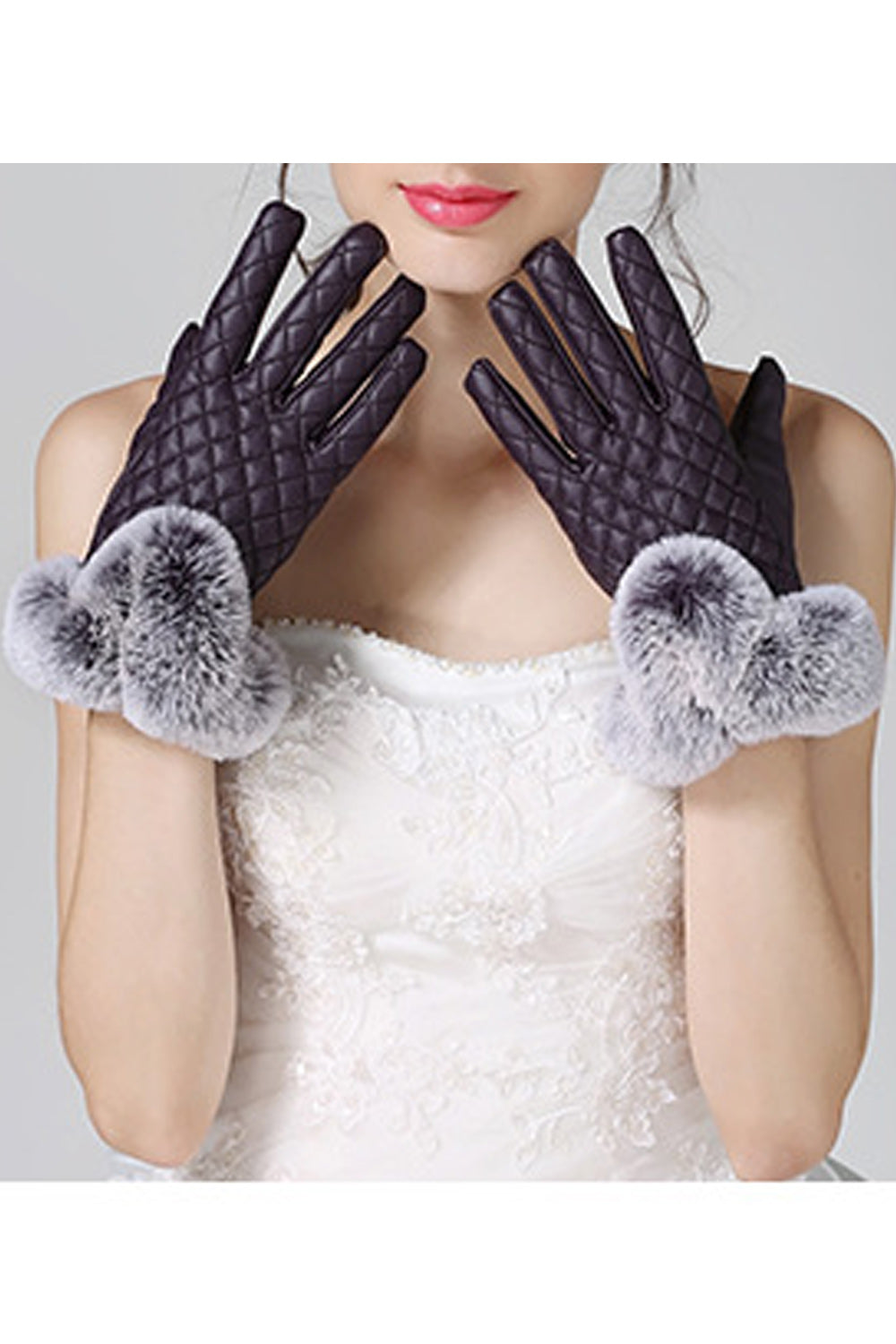 Women Cashmere Thick Winter Casual PU Leather Gloves