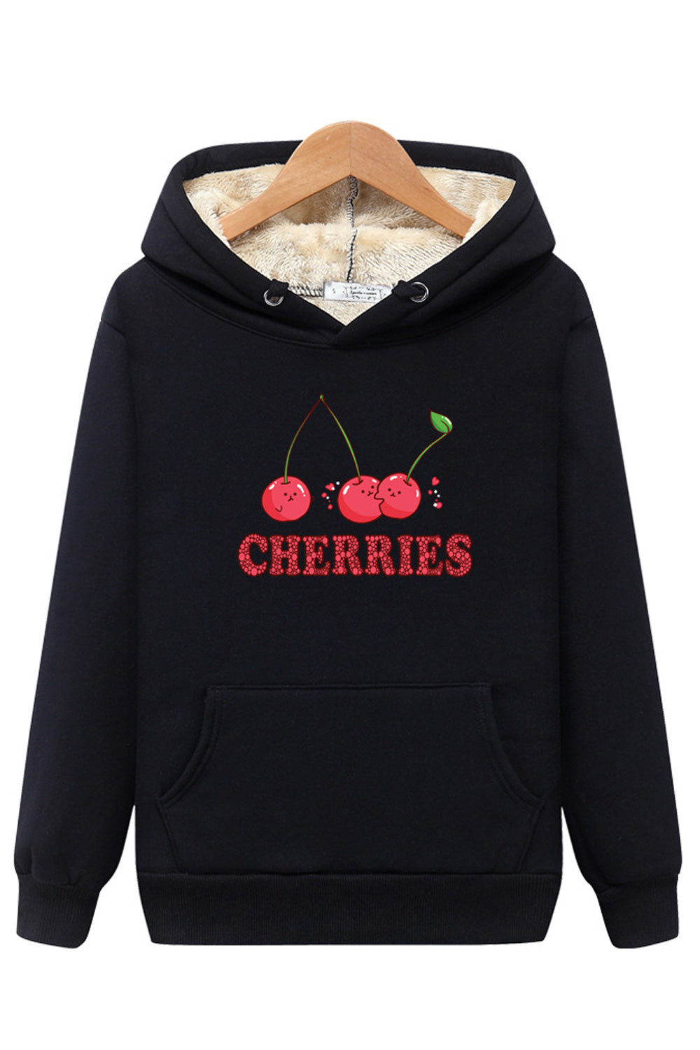 Women Lovely Cherry Printed Warm Ribbed Cuff Hoodie