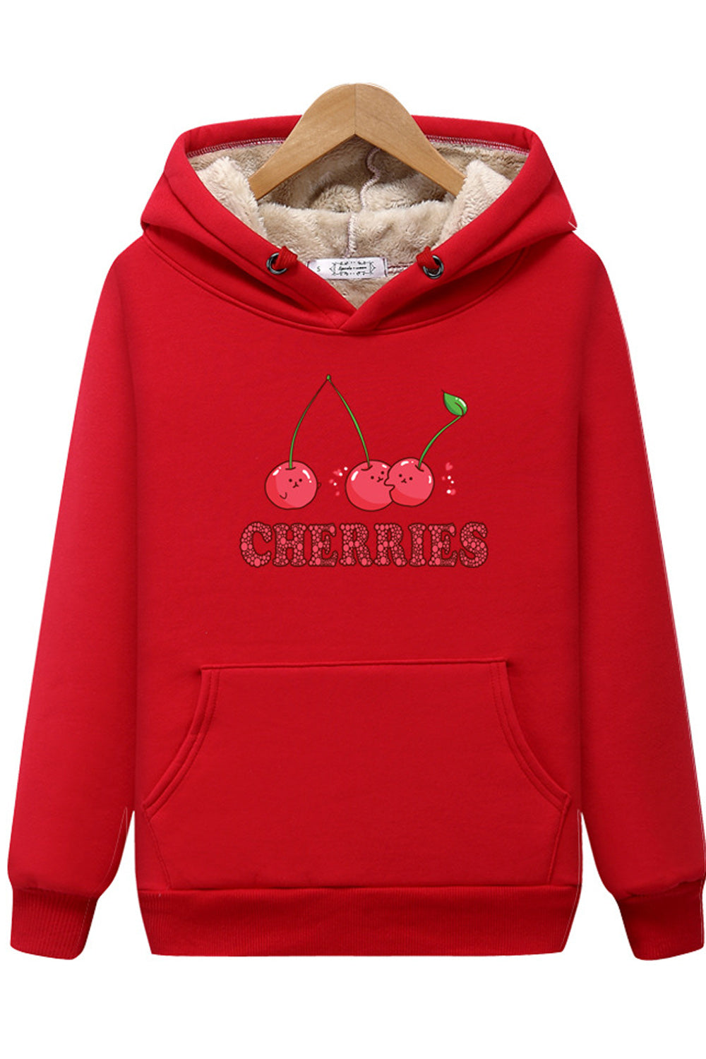 Women Lovely Cherry Printed Warm Ribbed Cuff Hoodie