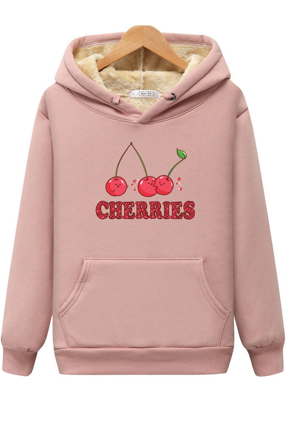 Women Lovely Cherry Printed Warm Ribbed Cuff Hoodie