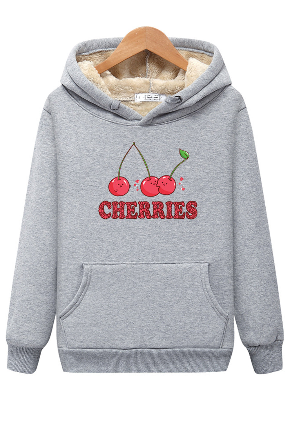 Women Lovely Cherry Printed Warm Ribbed Cuff Hoodie