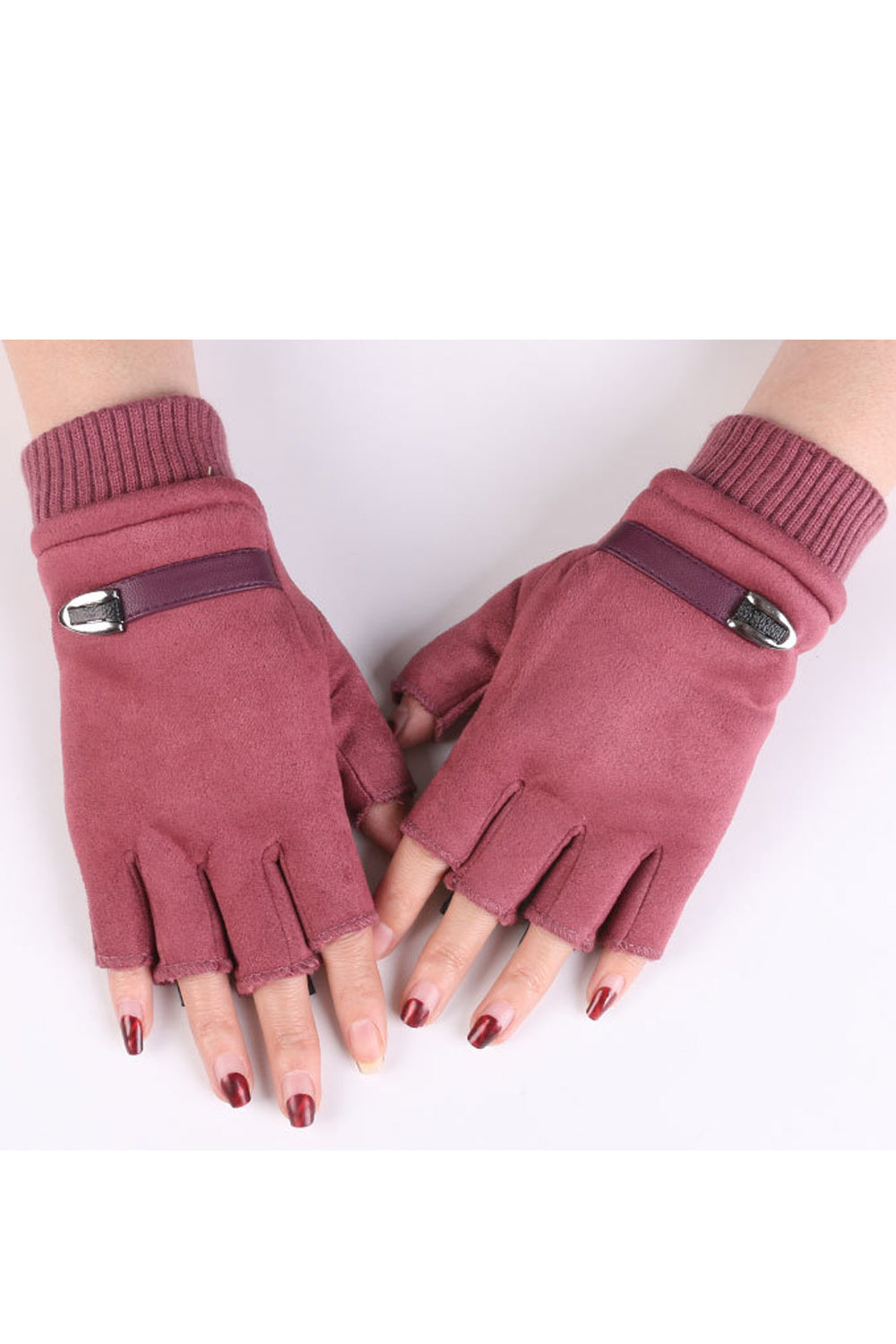 Women Classy Half Finger Solid Pattern Elastic Wrist Warm Suede Gloves