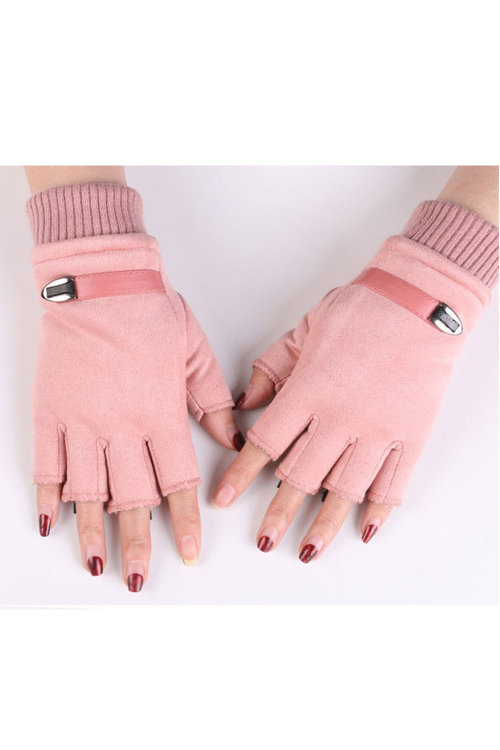 Women Classy Half Finger Solid Pattern Elastic Wrist Warm Suede Gloves