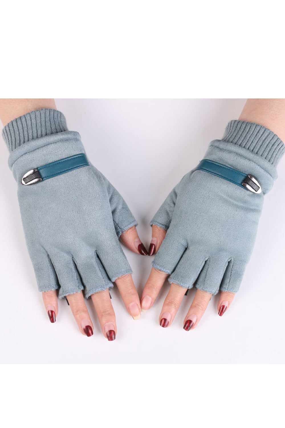 Women Classy Half Finger Solid Pattern Elastic Wrist Warm Suede Gloves