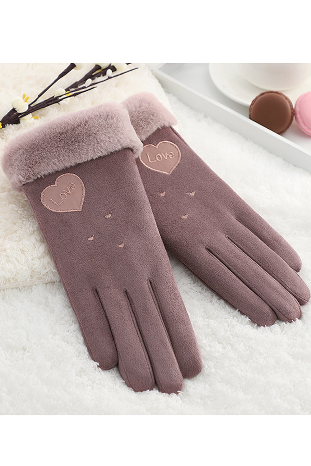 Women Heart Printed Soft Winter Windproof Suede Gloves