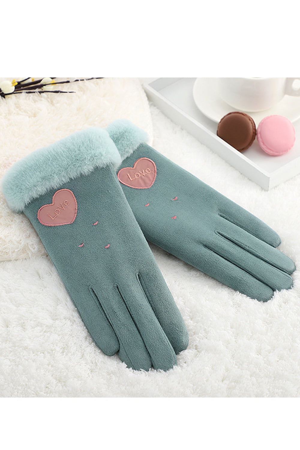 Women Heart Printed Soft Winter Windproof Suede Gloves