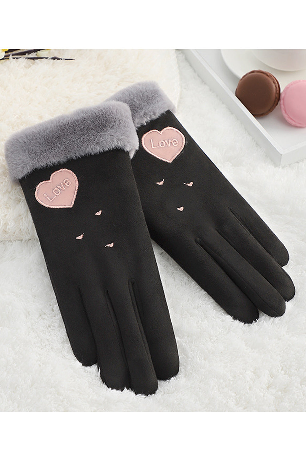 Women Heart Printed Soft Winter Windproof Suede Gloves