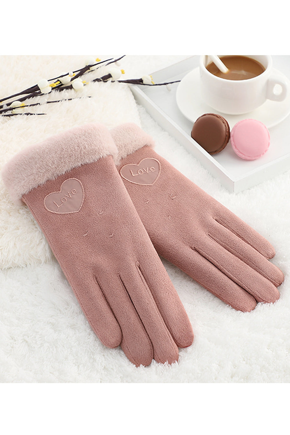 Women Heart Printed Soft Winter Windproof Suede Gloves