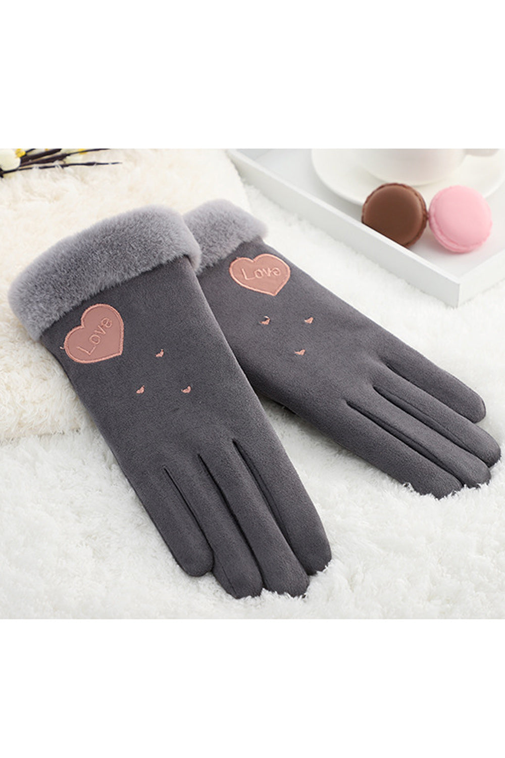 Women Heart Printed Soft Winter Windproof Suede Gloves