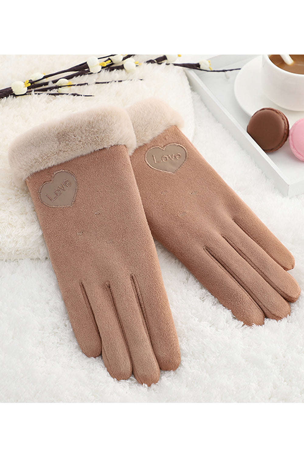 Women Heart Printed Soft Winter Windproof Suede Gloves