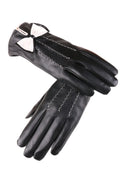 Women Bow Attached Casual Thick Winter PU Leather Gloves