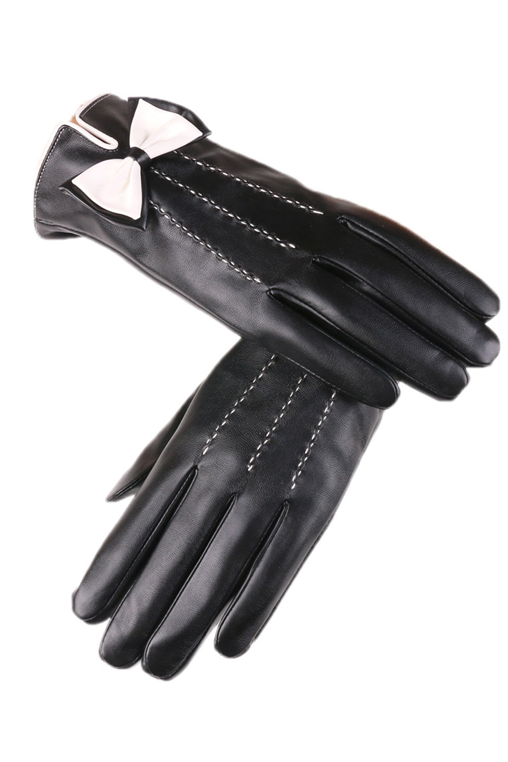 Women Bow Attached Casual Thick Winter PU Leather Gloves