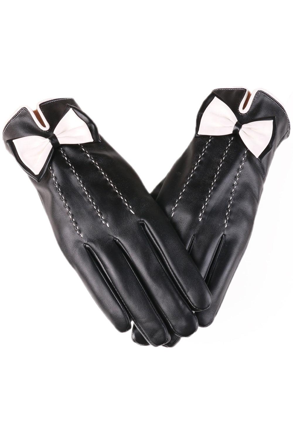 Women Bow Attached Casual Thick Winter PU Leather Gloves