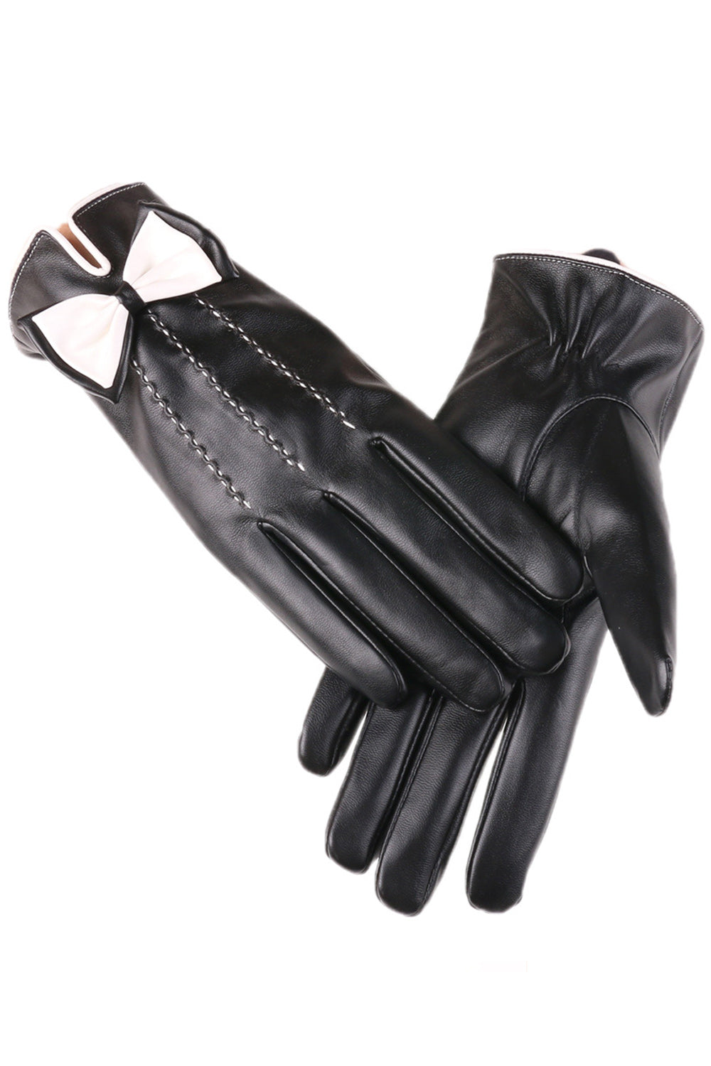 Women Bow Attached Casual Thick Winter PU Leather Gloves