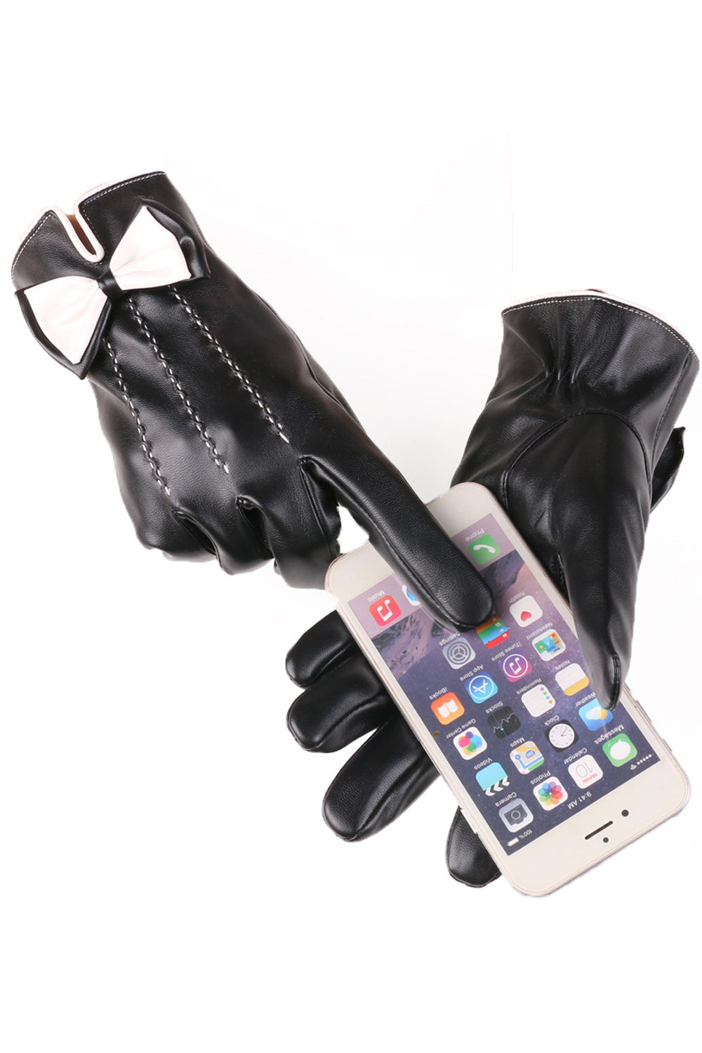 Women Bow Attached Casual Thick Winter PU Leather Gloves