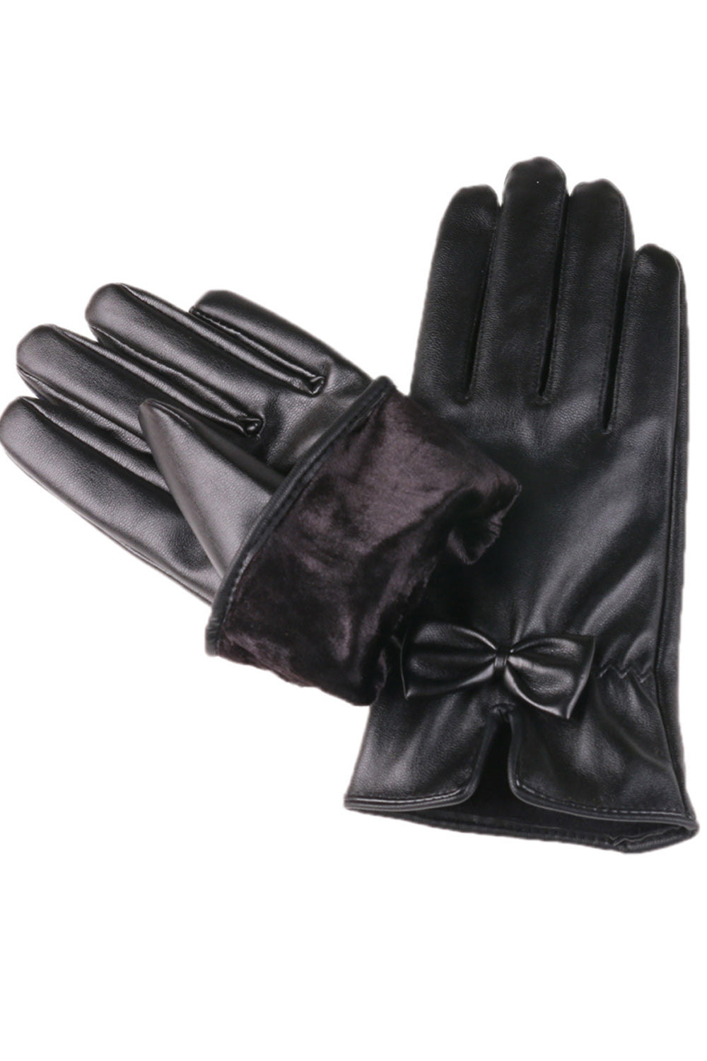 Women Small Bow Attached Thick Solid Pattern Classy PU Leather Gloves