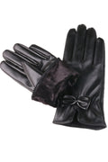 Women Small Bow Attached Thick Solid Pattern Classy PU Leather Gloves