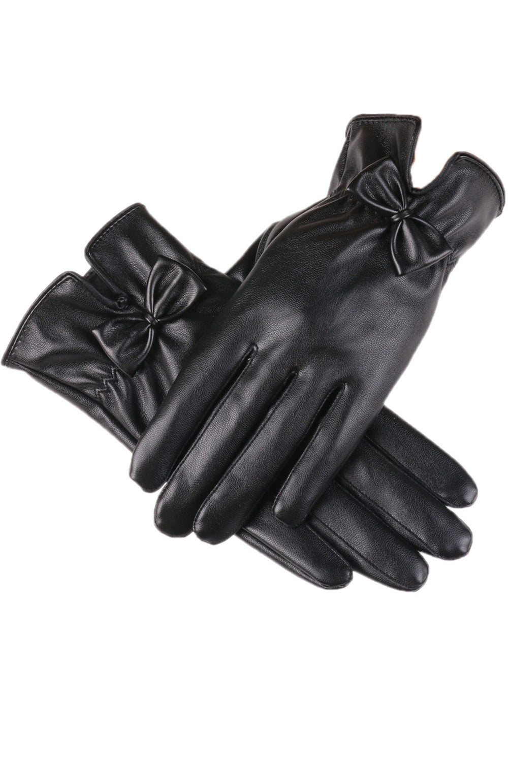 Women Small Bow Attached Thick Solid Pattern Classy PU Leather Gloves