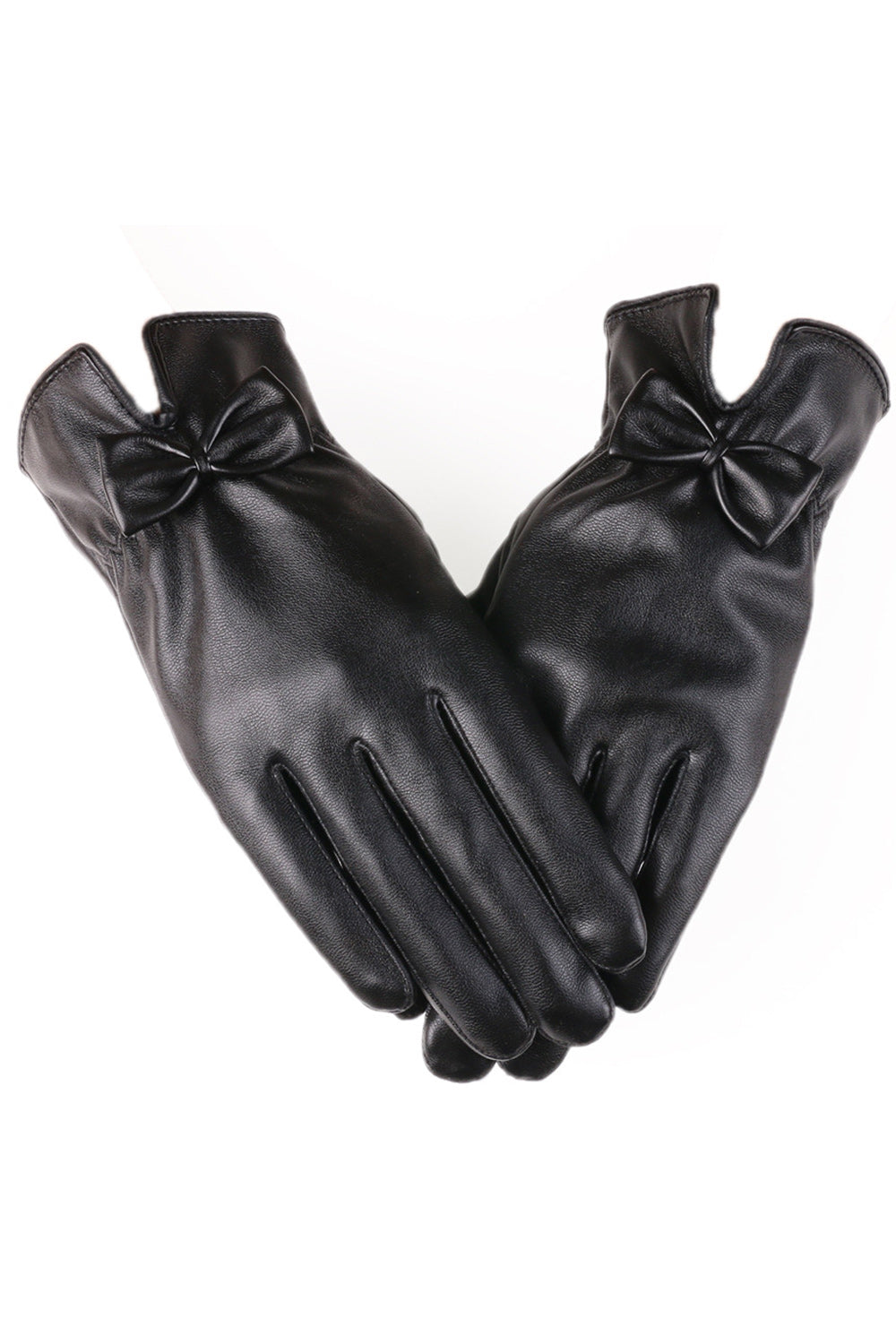 Women Small Bow Attached Thick Solid Pattern Classy PU Leather Gloves