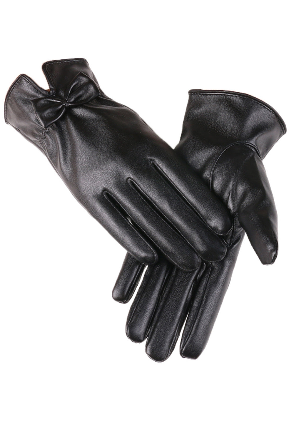 Women Small Bow Attached Thick Solid Pattern Classy PU Leather Gloves