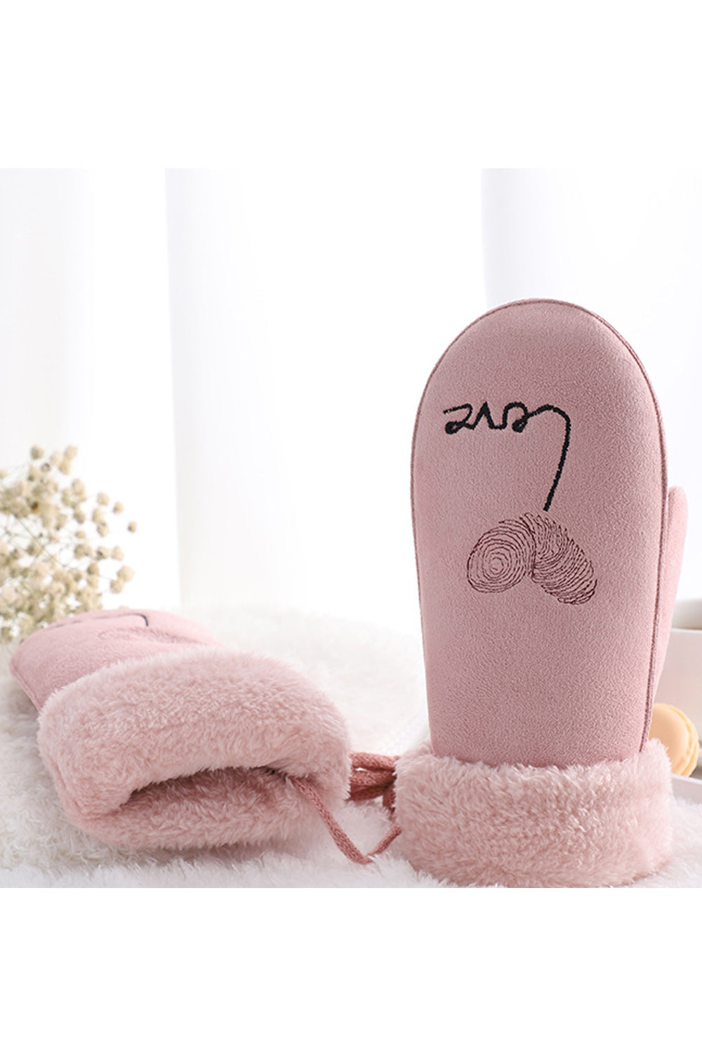 Women Cozy Solid Colored Letter Embroidered Easy Suede Gloves