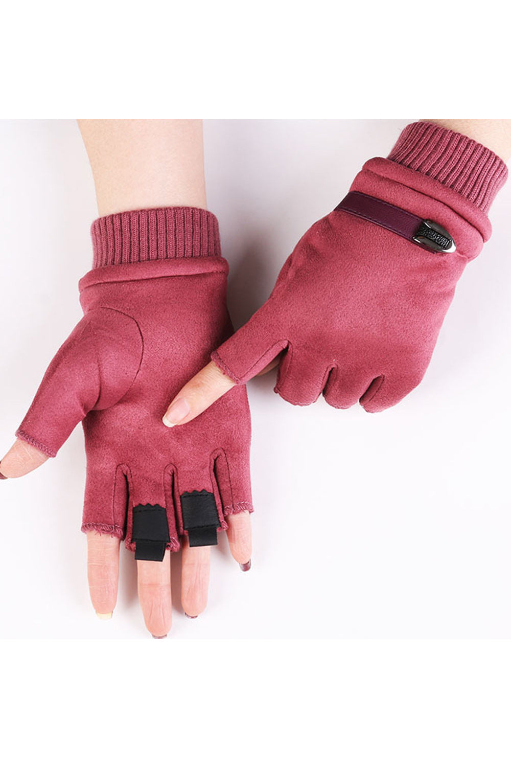 Women Lovely Half Fingers Stylish Solid Colored Suede Gloves