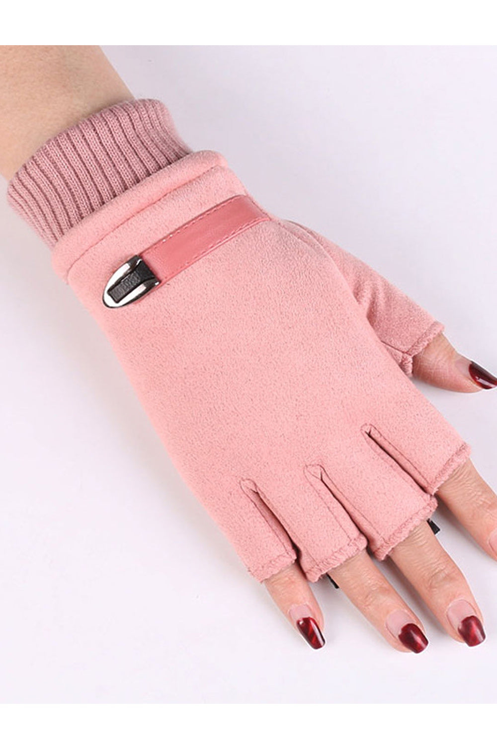 Women Lovely Half Fingers Stylish Solid Colored Suede Gloves
