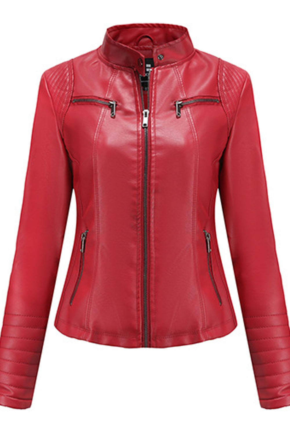 Women Collar Neck Zipper Closure Breathable Long Sleeve Leather Jacket