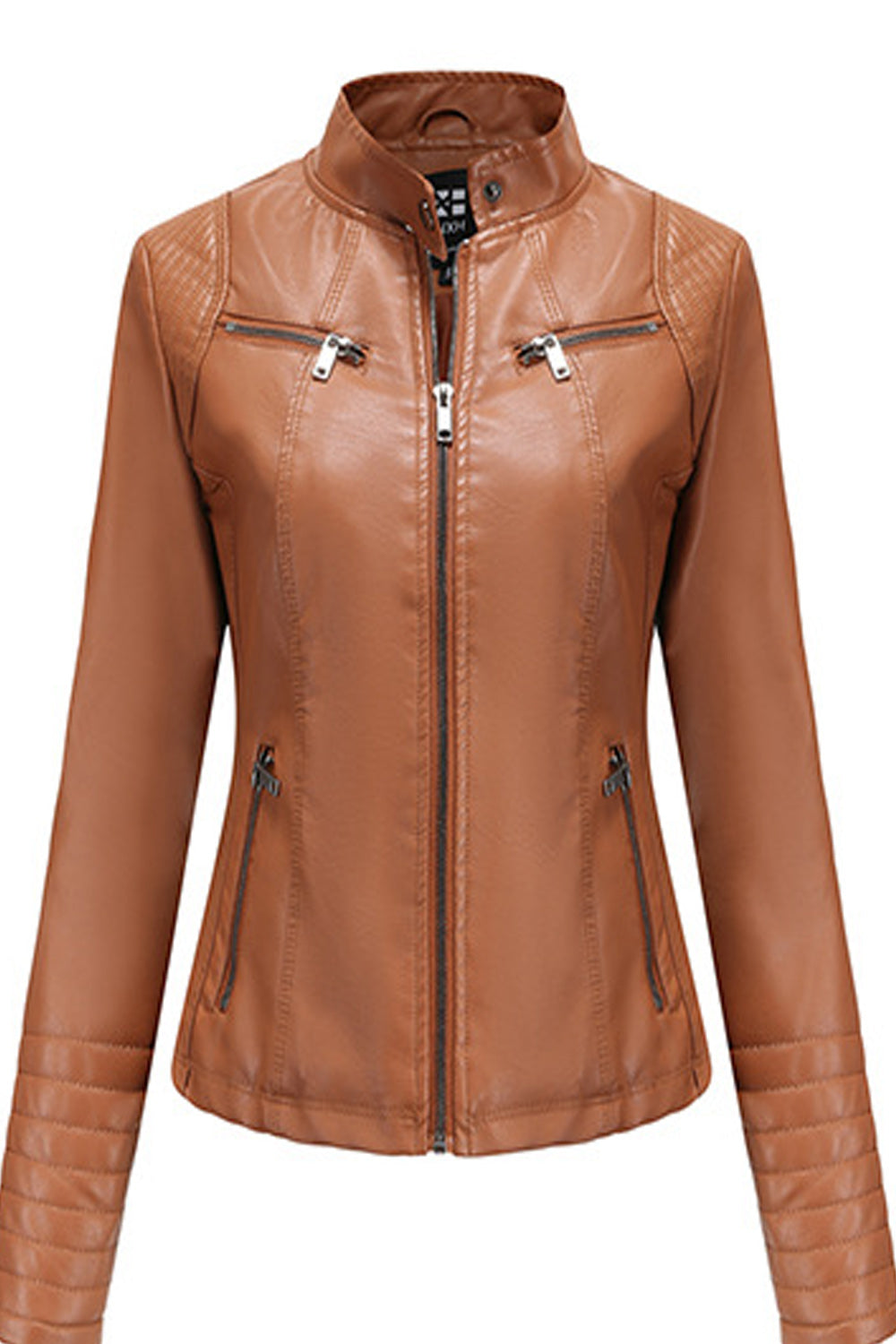 Women Collar Neck Zipper Closure Breathable Long Sleeve Leather Jacket