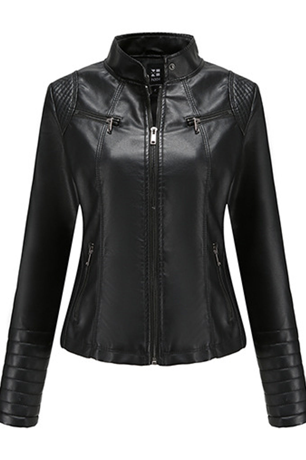 Women Collar Neck Zipper Closure Breathable Long Sleeve Leather Jacket
